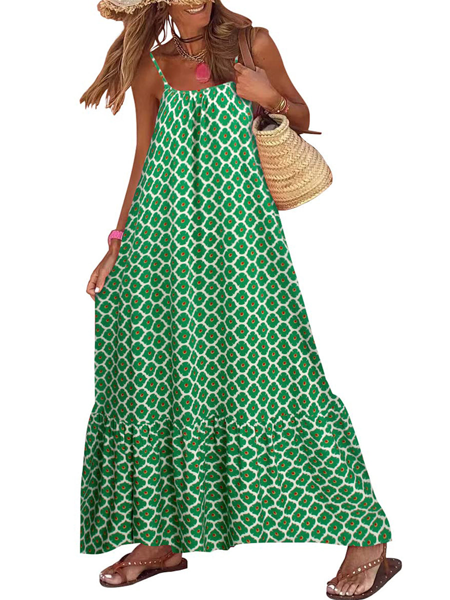 Women's Sleeveless Long Boho Dress Summer Loose Print Spaghetti Strap Flowy Dresses Bohemian Sundress Beachwear Party Coctail