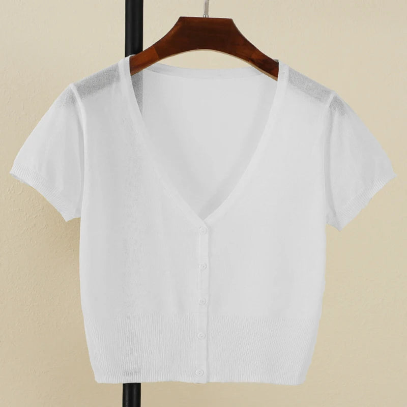 Outerwear Jerseys Summer Cardigan Women Cropped Blouses Korean Fashion Style Cute V-neck Women's Coat Black Bolero Woman Basic WHITE CHINA