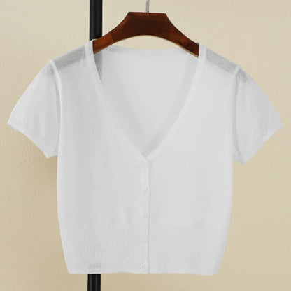 Outerwear Jerseys Summer Cardigan Women Cropped Blouses Korean Fashion Style Cute V-neck Women's Coat Black Bolero Woman Basic WHITE CHINA