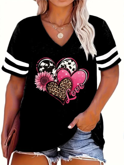 2024 Plus Size Spring/Summer New Love Print Casual Fashion Women's V-Neck Short-Sleeved Loose T-Shirt 5XL 6XL black