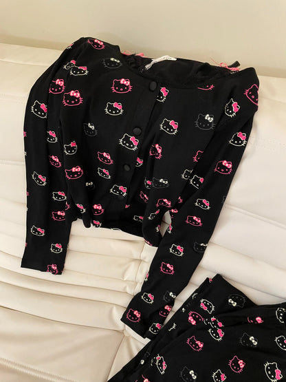 2Pcs/Set Girl's Cotton Pajama Built-in Bra Outdoor Wear Spring Autumn Hello Kitty Collection Home Clothing Sanrio Loungewear