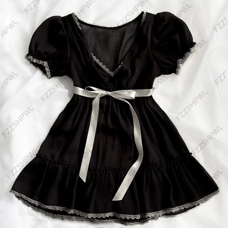 vintage retro bow strappy dress, waist-cinching slimming dress, summer polka dot niche design lace patchwork slimming mini skirt black