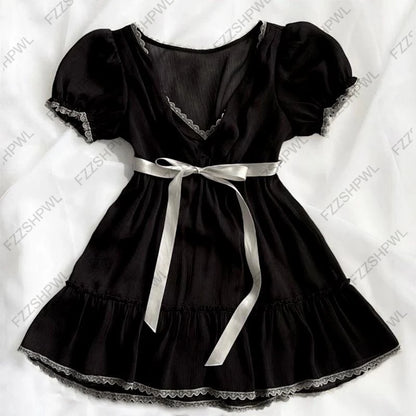 vintage retro bow strappy dress, waist-cinching slimming dress, summer polka dot niche design lace patchwork slimming mini skirt black