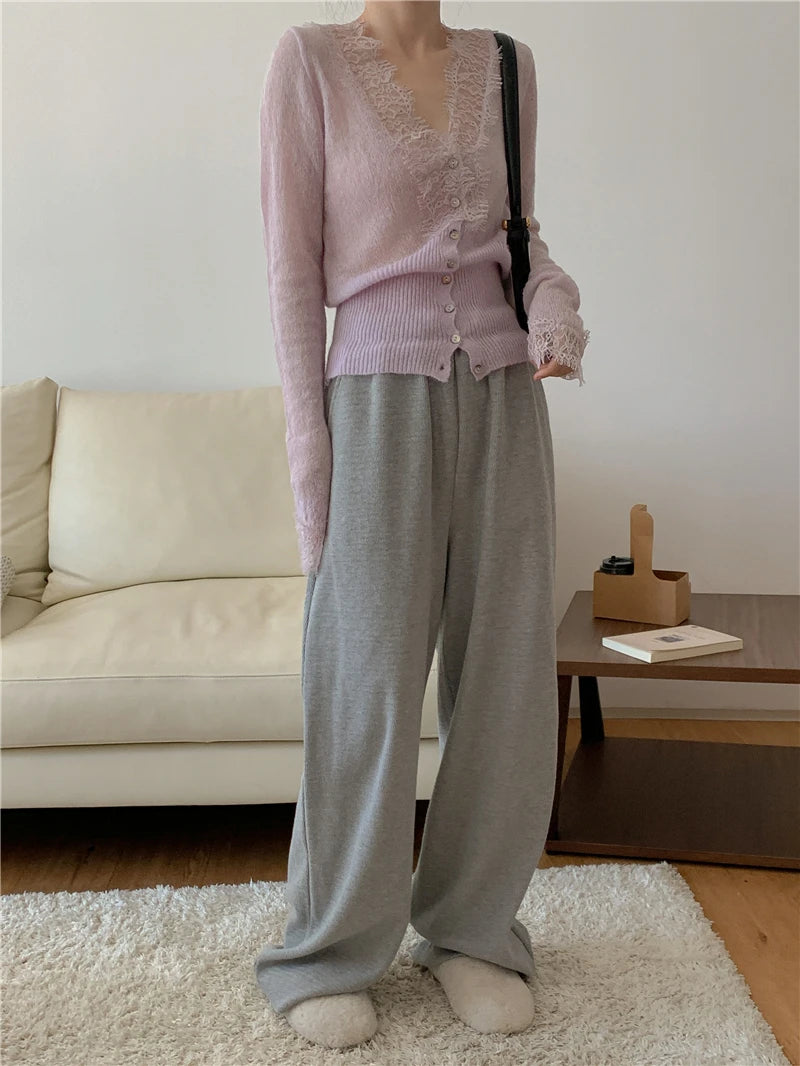 High-fashion Kawaii Botton Up Lace Patchwork Knitted Cardigan Women Autumn Winter Ladies Elegant Vintage Sweater Cheap Wholesale