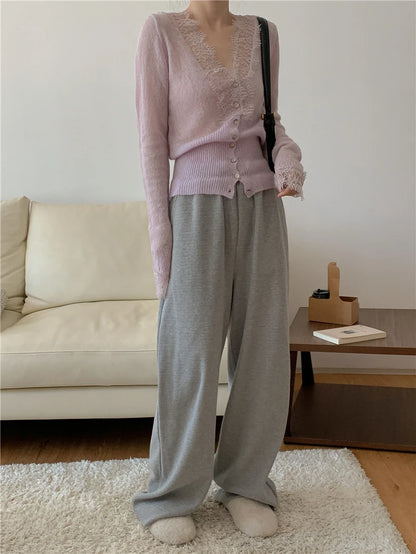 High-fashion Kawaii Botton Up Lace Patchwork Knitted Cardigan Women Autumn Winter Ladies Elegant Vintage Sweater Cheap Wholesale