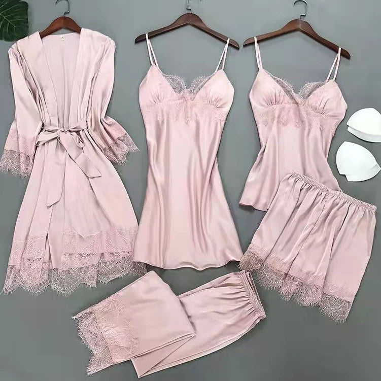 White 5PCS Sleep Set Pajamas Lady Lace Satin Pyjamas Kimono Bath Gown Loose Sleepwear Home Cloting V-Neck Casual Nightwear