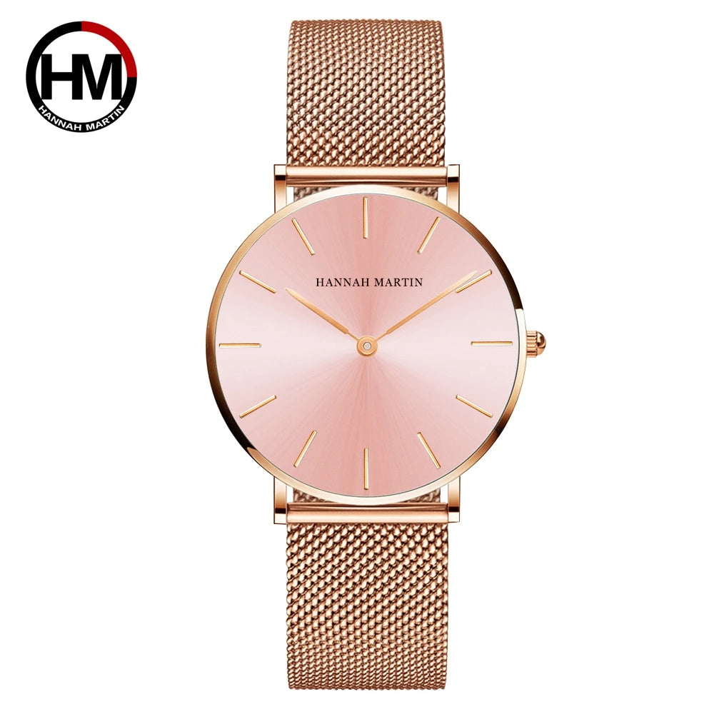 HANNAH MARTIN Brand Classic Women Quartz Watch 36mm Rose Gold Stainless Steel Mesh Strap Japanese Movement Girl Gift Wrist Watch CF36-WFF