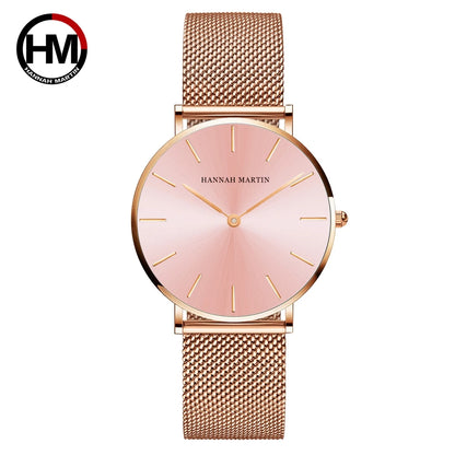 HANNAH MARTIN Brand Classic Women Quartz Watch 36mm Rose Gold Stainless Steel Mesh Strap Japanese Movement Girl Gift Wrist Watch CF36-WFF