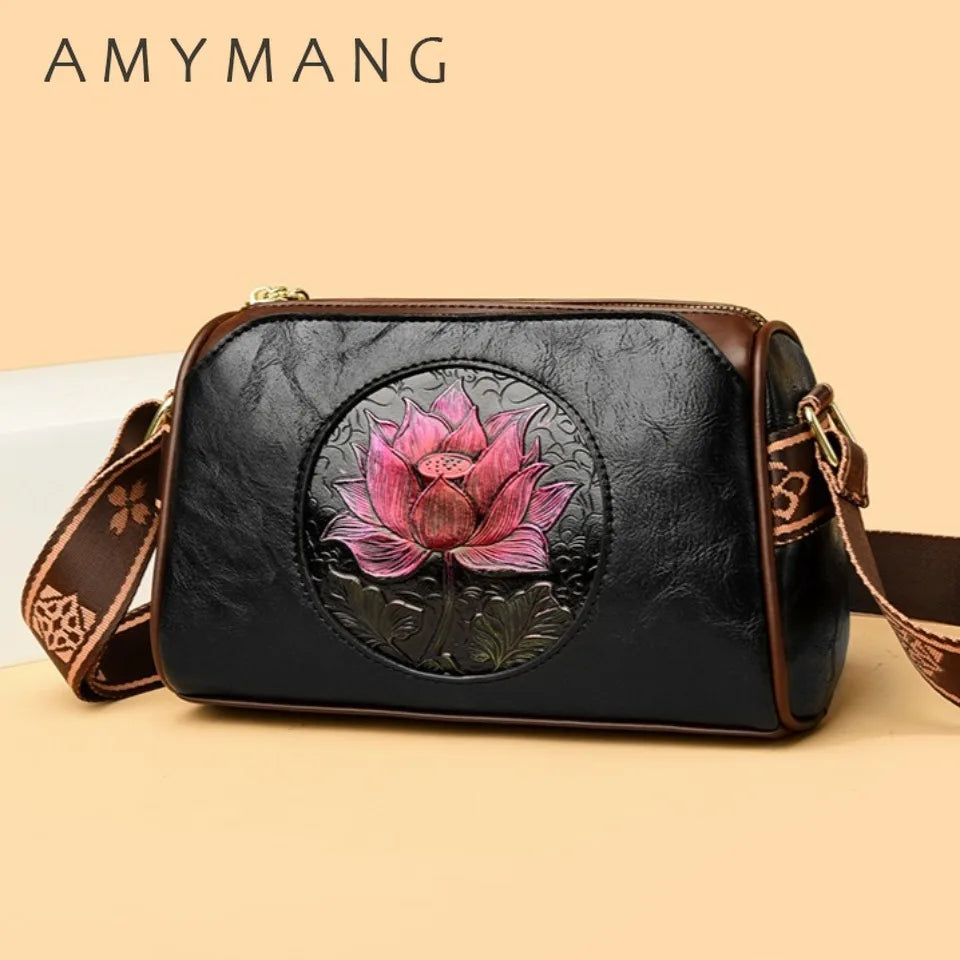 Three Layers Women Handbag Soft Leather Shoulder Crossbody Bags for Women Flower Print Ladies Messenger Bag with WIde Strap