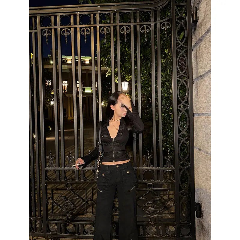 Deeptown Y2k Black Sexy Shirts Women V Neck Coquette Harajuku American Vintage Zip Up Blouse Slim Gyaru Cardigan Streetwear