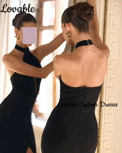 Women'S Evening Dresses Customize Sheath Split Halter Floor-Length Formal Occasion Dresses Black Zipper Up Sleeveless Vestidos Badiee Stylez