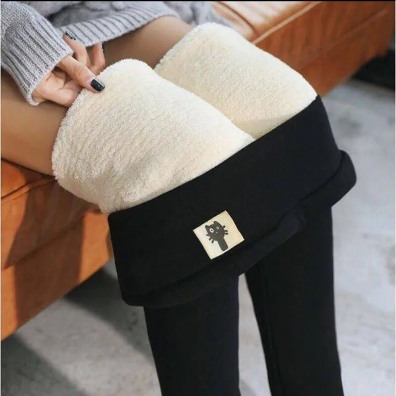 Women Lamb Fleece Leggings Seamless High Waist Thermal Winter Warm Tights Solid Stretchy Casual Pants Female Streetwear Jogger Cat black