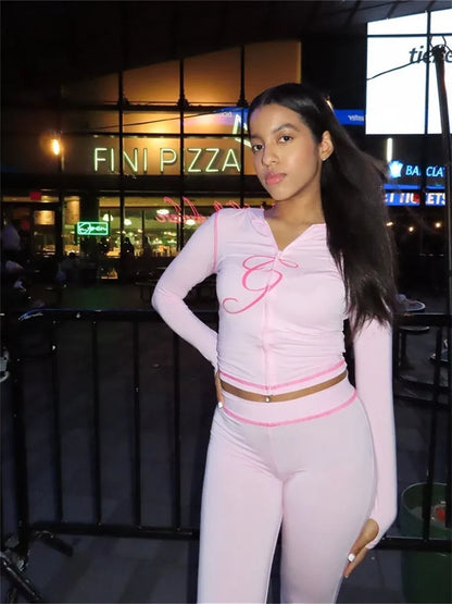 2025 Spring Fashion New Casual Women's Sets Long Sleeve Zipper Hoodie Tops and Pants Streetwear White Two 2 Piece Set Outfits Pink