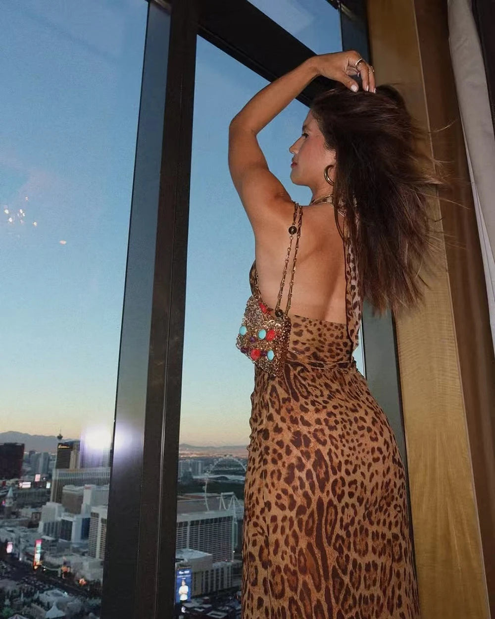 RLMABABY Leopard Hollow Out Backless Sexy Bodycon Dress Women Backless Thigh High Split Holiday Beach Party Long Maxi Dress