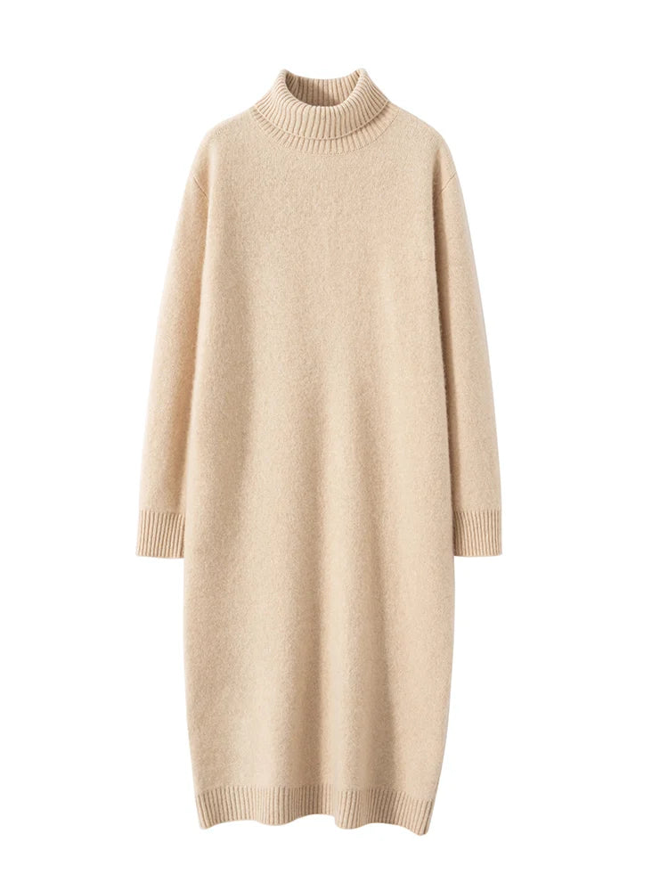 100% Cashmere Sweater Long Dress New Women High Turn-down Collar Pullover  Soft Cosy Autumn Winter Casual Solid Knitwear Dress Badiee Stylez