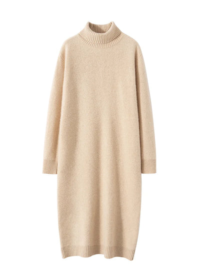 100% Cashmere Sweater Long Dress New Women High Turn-down Collar Pullover  Soft Cosy Autumn Winter Casual Solid Knitwear Dress Badiee Stylez