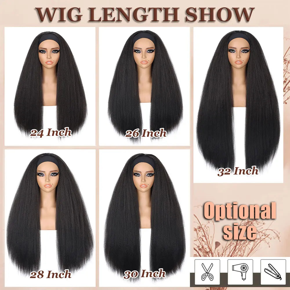 Kinky Straight Headband Synthetic Wig for Women Yaki Straight Wigs with Black Headband Hair Easy to Style No Lace Front No Glue
