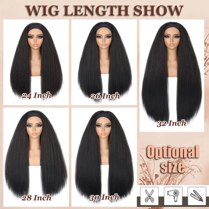 Kinky Straight Headband Synthetic Wig for Women Yaki Straight Wigs with Black Headband Hair Easy to Style No Lace Front No Glue