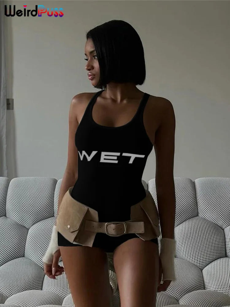 Weird Puss Letter Print Romper Women Low-Neck Sporty Casual Sleeveless Stretch Activity Skinny Playsuit Tight Short Overalls black XS