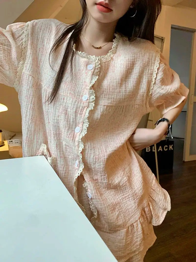 Ruffles Women Pajamas Sets for Home Summer Floral Sleepwear Shorts Sleeve Lace 2 Pieces Button Night Wears Korean Home Suit 2024