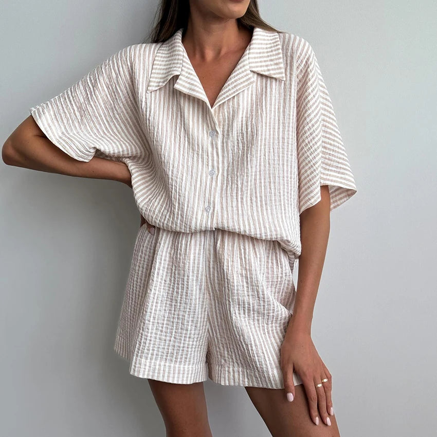 Hiloc Elegant Cotton Stripe Shorts Suits Pajamas Summer Short Sleeve Blouse With Elastic Waist Shorts 2 Piece Sets Home Outfits Stripe
