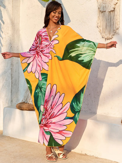 Plus Size Women Floral Print Kaftan Dresses Plus Size Swimsuit Coverup Summer Bathing Suit Caftan Loungewear Beach Dress 5DB245-32 One Size