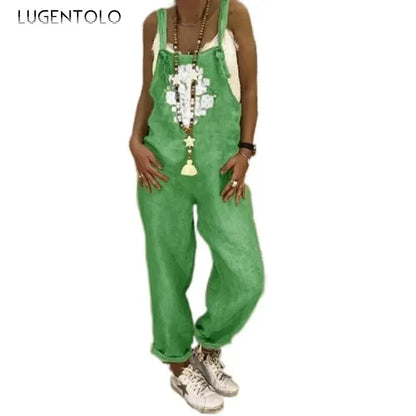 Linen Overalls Jumpsuit Women Casual Print Sleeveless Summer Loose Female Suspenders Straight Leg Fashion New Streetwear