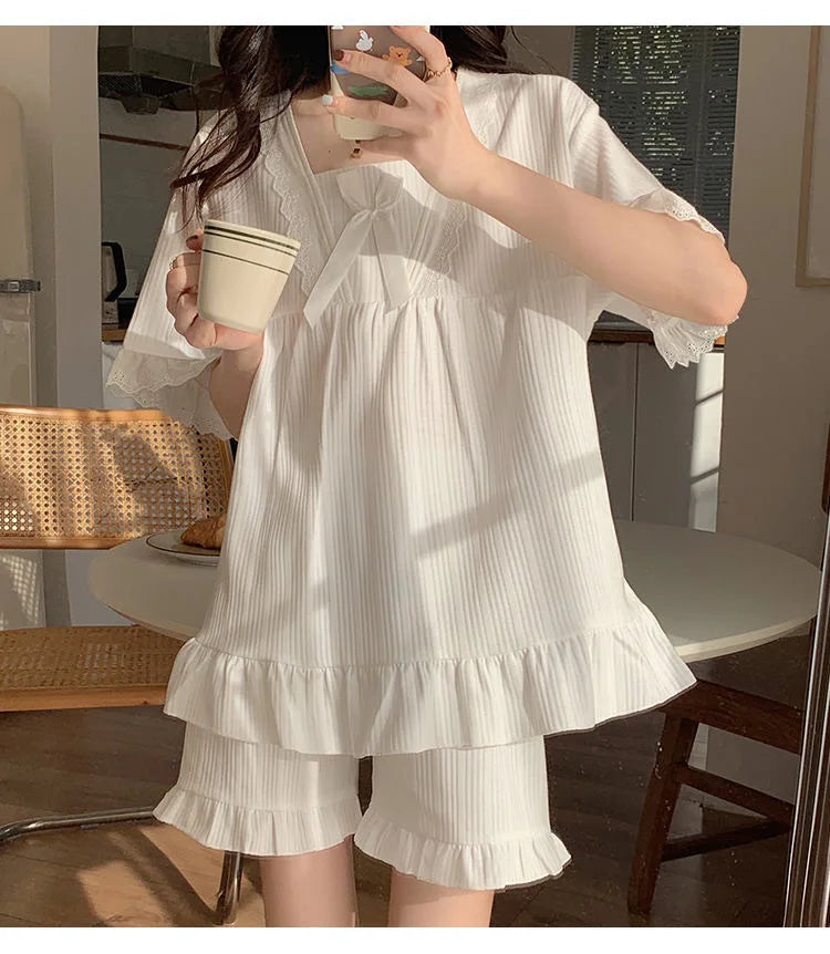 Palace Style Pajamas Ladies Summer Loungewear Set Short-Sleeved with Cushion Korean Small Sweet Girlfriends Loungewear Set