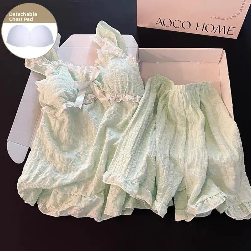 Summer Sexy Strap Spwear Women's ort Pants Loose Fit Home Clothes Set with Chest Pad 2024 New Tread Cotton Thin Woven Green (set) mxl3036