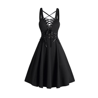 2025 Womens Gothic Dresses Sets Solid Color Open Front Crop Jacket and Lace Up Buckle Strap Crisscross Dress Outfit Black dress
