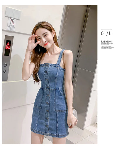 Denim Dress Summer Spaghetti Strap Sundress Vintage Casual Solid Retro Chic Sexy Jeans Button Front Blue Party Dress Women 2022