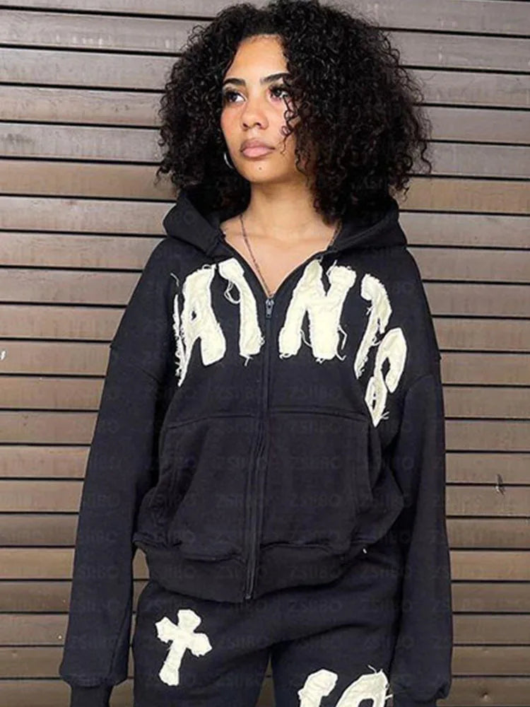 Y2K New European and American Fashion High Street Trendy Sweatshirts Hip Hop Zipper Jacket for Men Letter Patch Loose Hoodies black top
