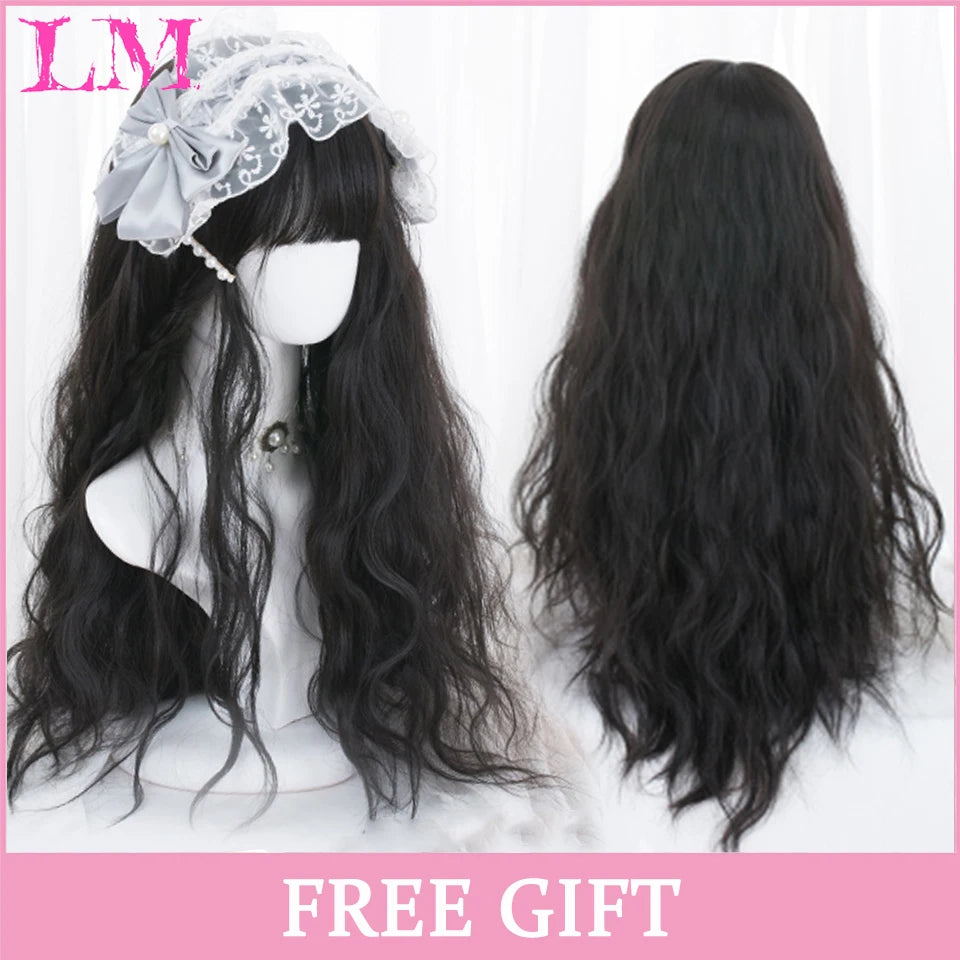 LM Long Silky Straight Synthetic Wigs with Bangs Black Cosplay Party Lolita Hair Wigs for Women Natural Heat Resistant Wig LIANGMO 11