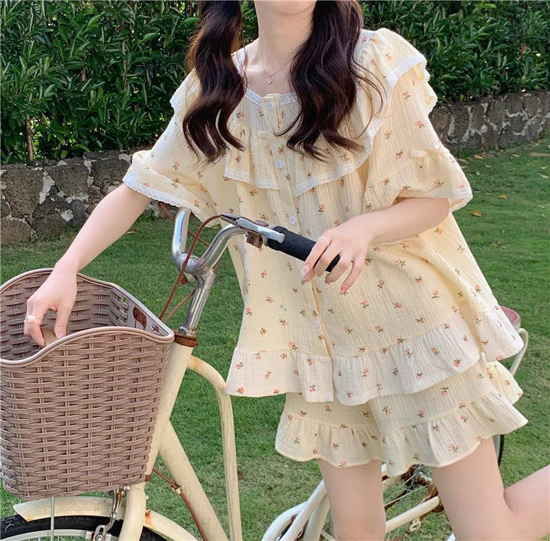 Summer New Women's Princess Style Sweet Pajamas Homewear Set Girls Lace Small Floral Summer Short-Sleeved Shorts Loose Pajamas