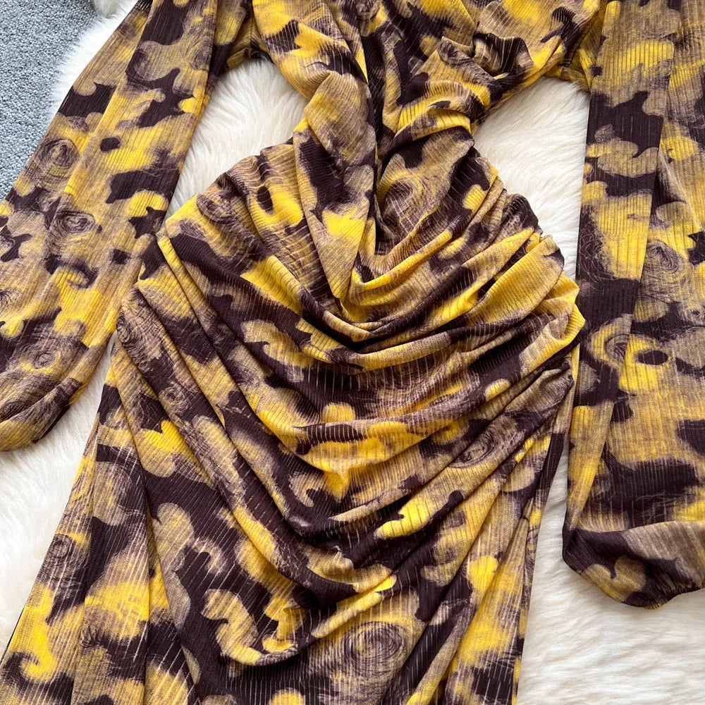 Chic vintage long sleeve Criss-Cross print pleated Elegant Fairy korean fashion dress women clothing Long dress