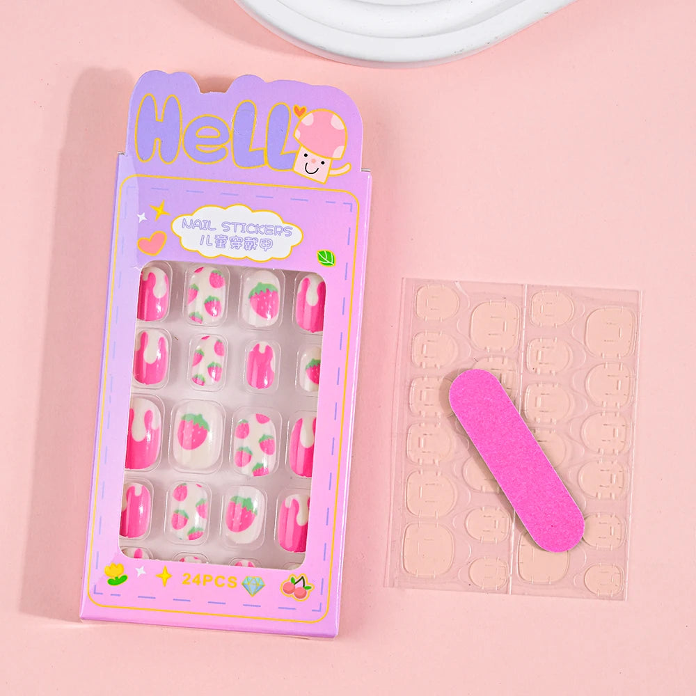 24Pcs Children Cartoon Nail Tips Colorful Cute Rabbit Pink Stars 6-14 Years old Girl Fake Nail With Jelly Glue Kids False Nail TC0009-2