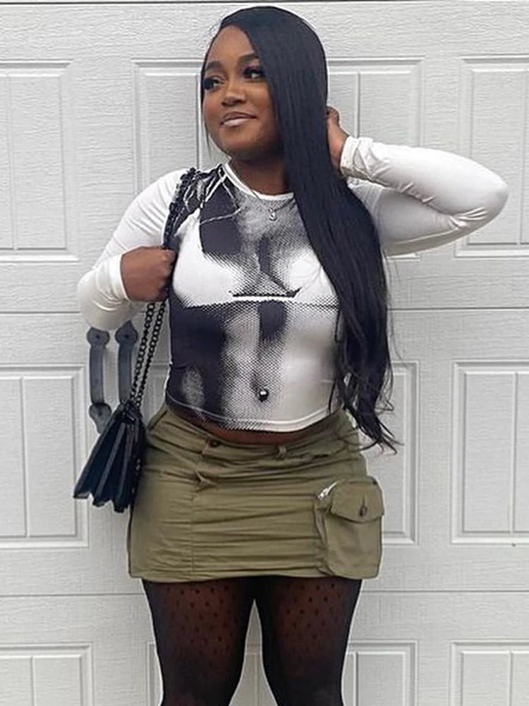 Weird Puss Sexy Print Women Crop Top Long Sleeve O Neck 2023 SpringTrend Skinny Wild Stretchy Vintage Midnight Streetwear Tees