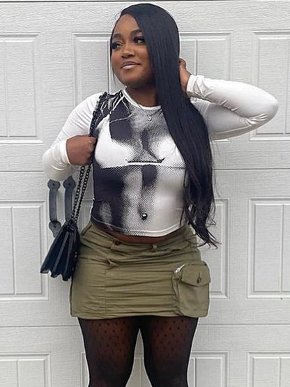 Weird Puss Sexy Print Women Crop Top Long Sleeve O Neck 2023 SpringTrend Skinny Wild Stretchy Vintage Midnight Streetwear Tees