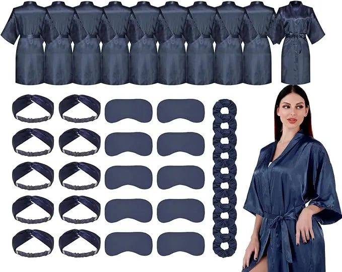 10 Pack Bridal Party Bride Spa Robes with Eye Masks Headband Hair Ties for Wedding Getting Ready Robes Navy One Size