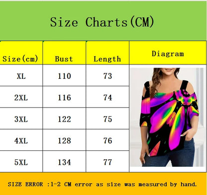 Summer new fashion strap off-the-shoulder multi-color print plus size women's short sleeve t-shirt