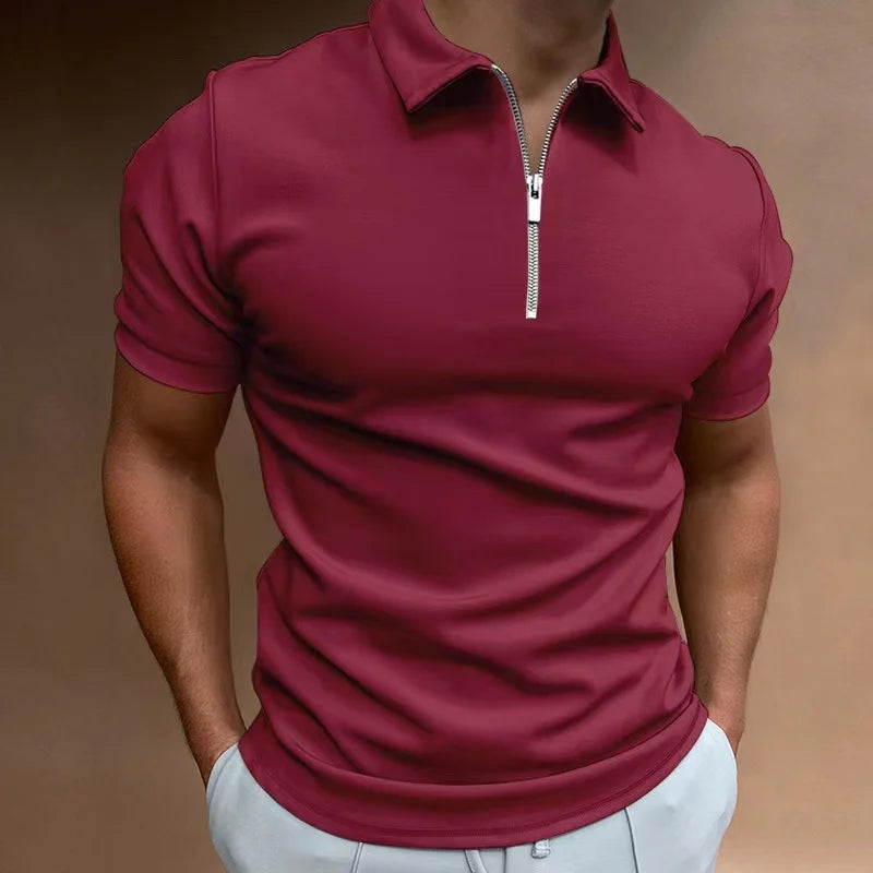 Summer Vibes Men's Polo Shirt - Solid Color, Short Sleeve, Zippered Turn-Down Collar for Effortless Casual Style