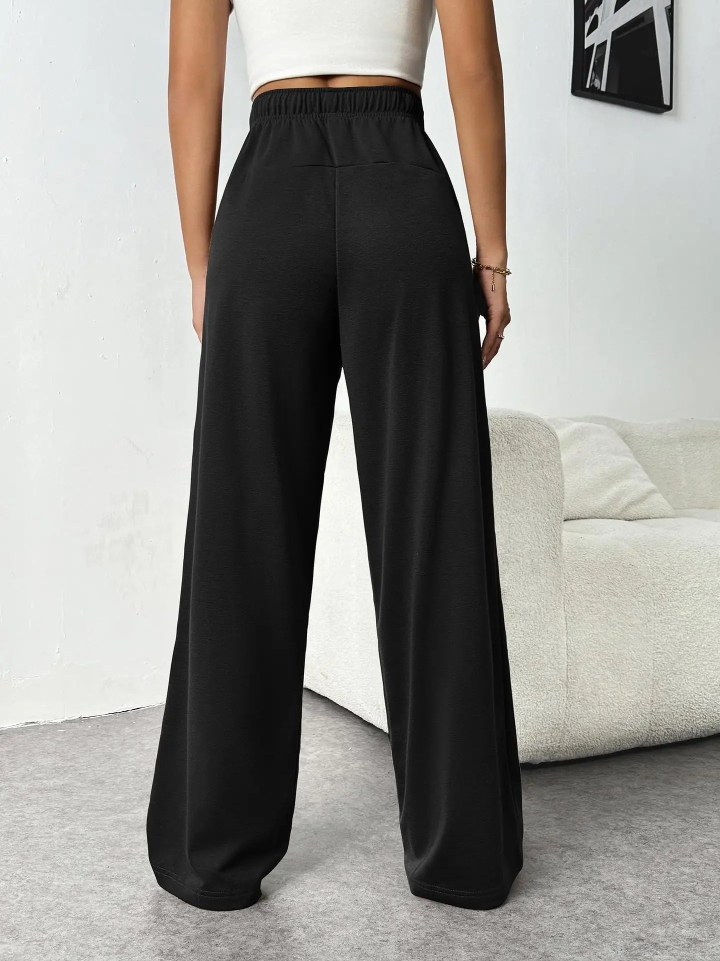 Casual Wide Leg Sports Pants for Women Casual Straight Leg Loose Solid Color Elastic Drawstring High Waisted Wide Leg Pants
