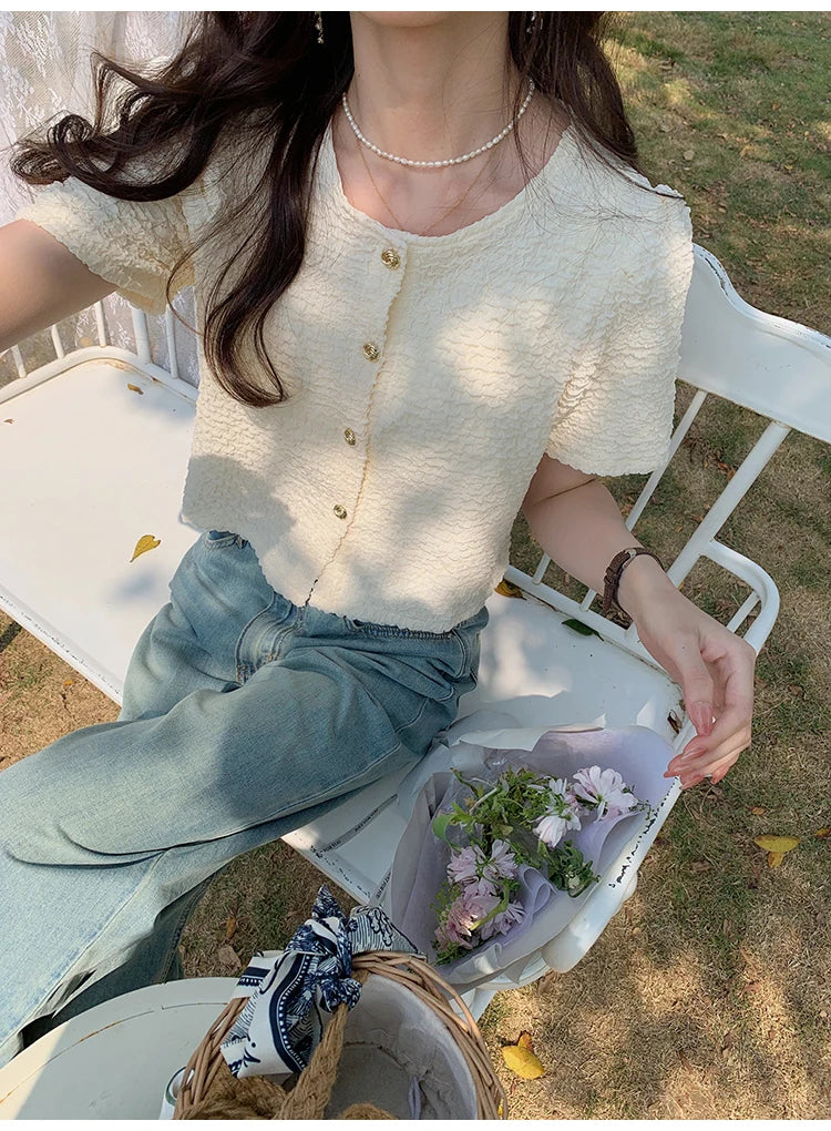 New Summer Short Sleeve O-Neck Women Shirt Sweet White Shirt Blouse Women Tops 2025 Blouses Shirts Blusas Para Mujer Blusa XL183