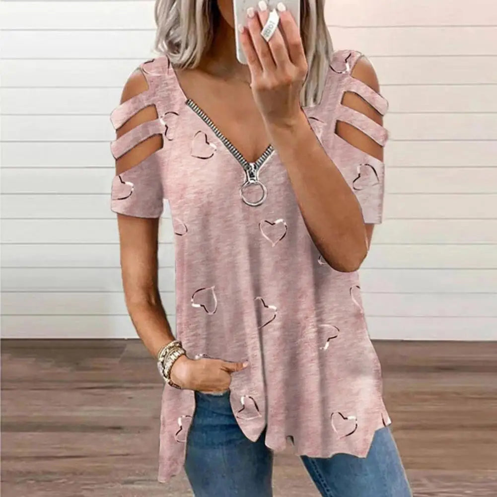 Women Summer Top V Neck Low-cut Hollow Out Short Sleeves T-shirt Match Pants Loose Plus Size Women Blouse Women Clothes