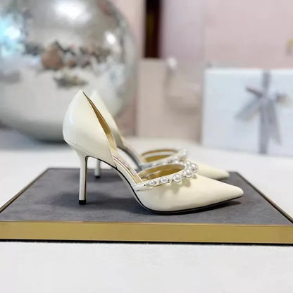 Spring/Summer New Pointed High Heels Hollow Fashion Banquet Pearl Hollow V-Mouth Women's Thin Heels Shallow Mouth Sandals white 9 cm