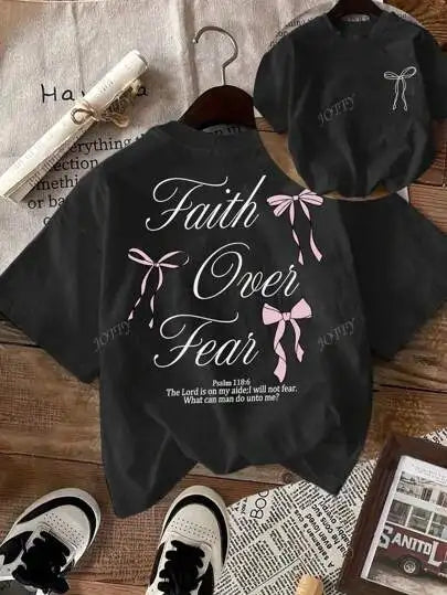 Pink Bow Faith Over Fear Printed Women Tee Shirts All-Match Cotton T-Shirt Casual O-Neck Clothes Hip Hop Y2K Short Sleeve