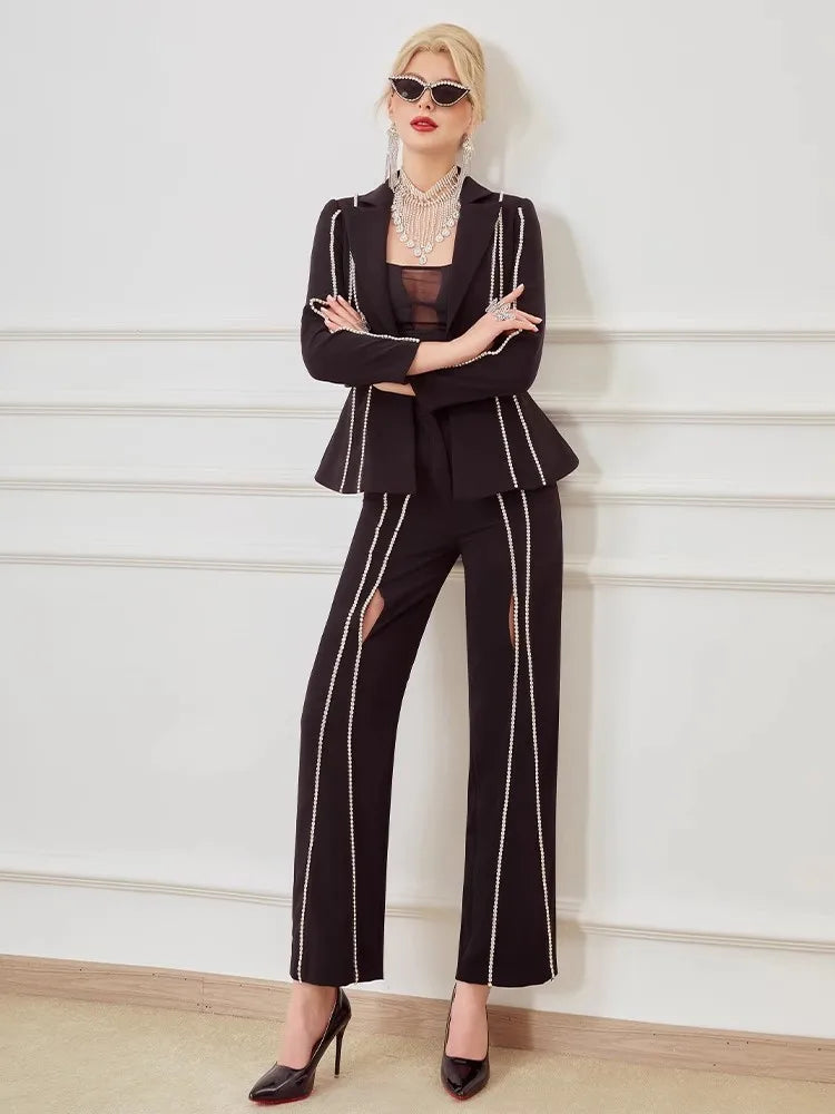 Designer Women Diamonds Hollow Out High Waist Slim Fit Blazers Top Straight Pants Two Piece Set Party Office Ladies Suits Set Badiee Stylez
