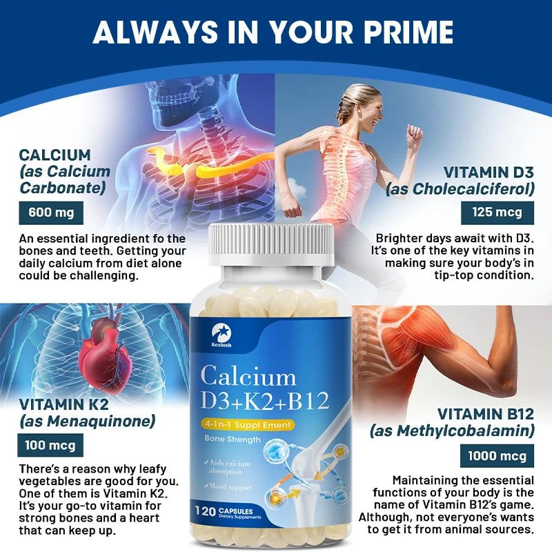 Kexinsh Vitamin D3K2 Capsules Vb12 Calcium Support Calcium Absorption Bone Teeth Heart Brain Health Joints Immune Function