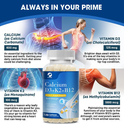 Kexinsh Vitamin D3K2 Capsules Vb12 Calcium Support Calcium Absorption Bone Teeth Heart Brain Health Joints Immune Function