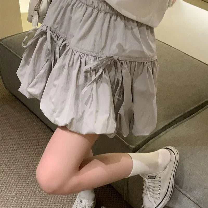 Sweet Bowknot A Line Skirts for Women 2025 Korean Style Pleated Cake Short Skirts Woman Summer Solid Color High Waist Mini Skirt GRAY